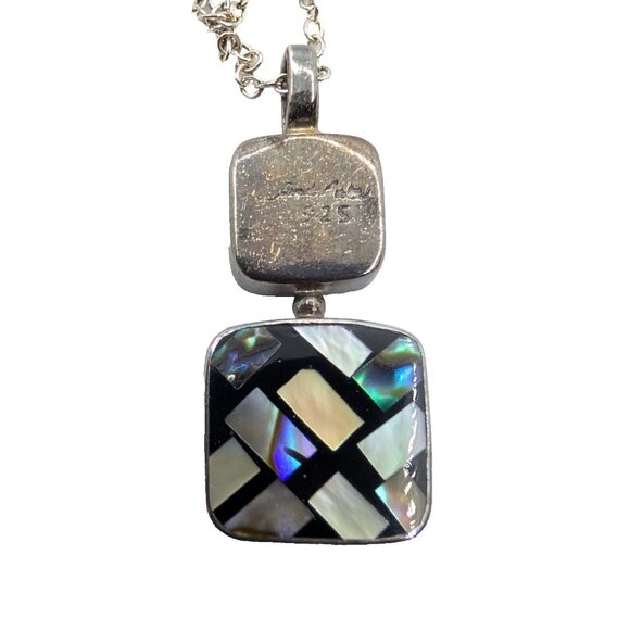 Sandy Baker Sterling 925 Paula shell horn inlay mosaic pendant on 925 Necklace - Picture 3 of 16